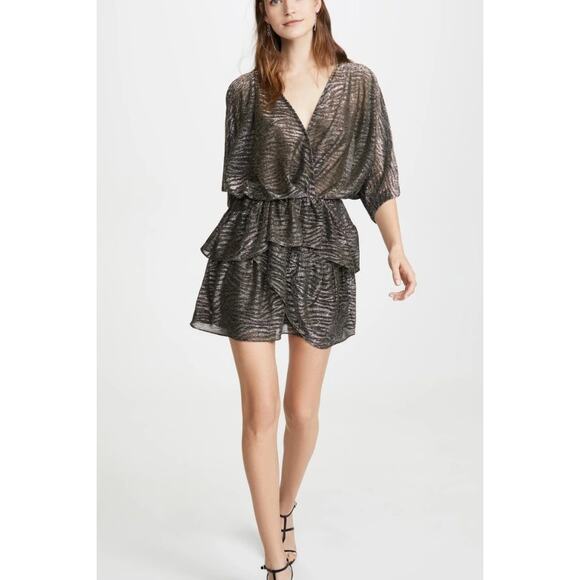 IRO Wide Shimmer Sheer Plunging Neck Blouson Mini Dress Black Women's 36 / US 4 - Picture 2 of 6
